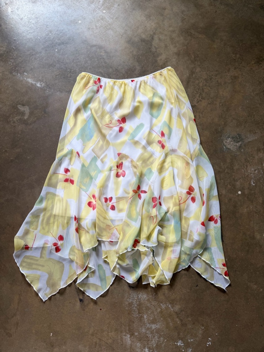 Lightweight Yellow & White Floral Asymmetrical Handkerchief Hem Skirt